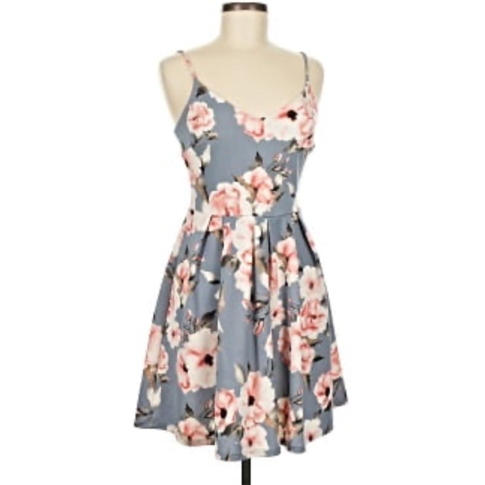 Soprano Fit & Flare Dress Womens Small Gray Floral Tank Straps Short
